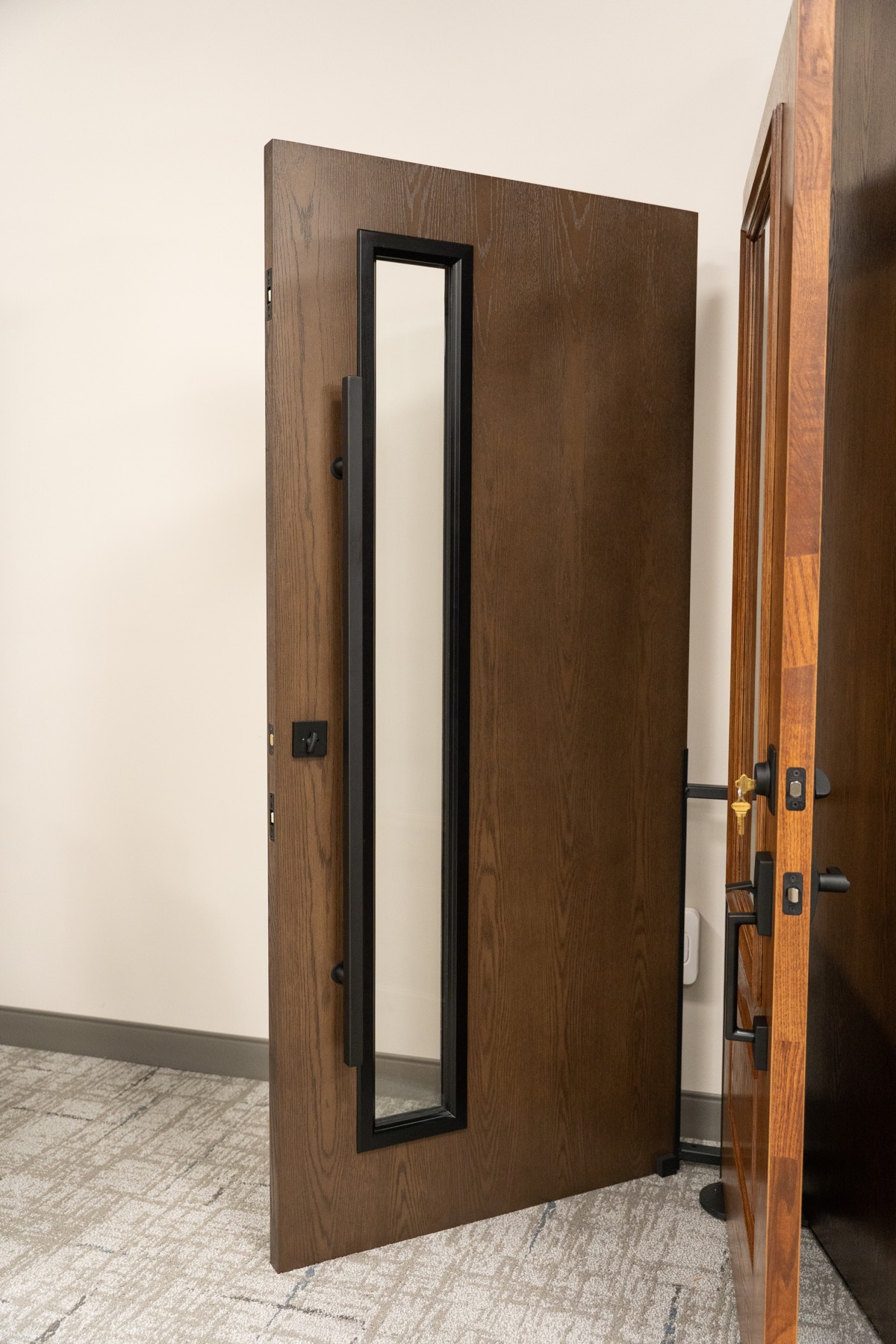 Ascent White Oak 111 Aged Barrel Black Glass Trim Black 48 Inch Pull Bar exterior entry door style option