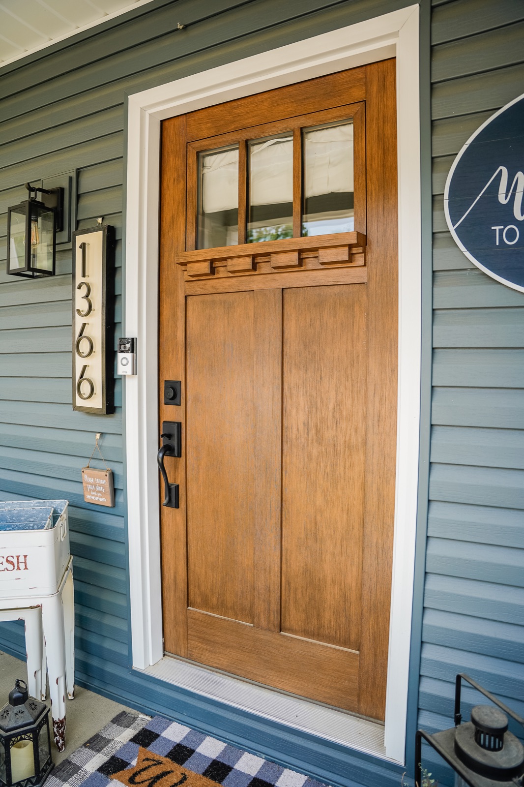 Craftsman style woodgrain entry door