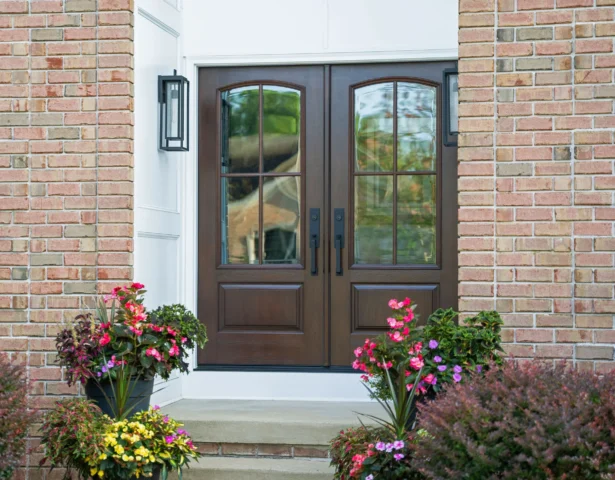 Signet Cherry French entry double doors on a brick Central Indiana home