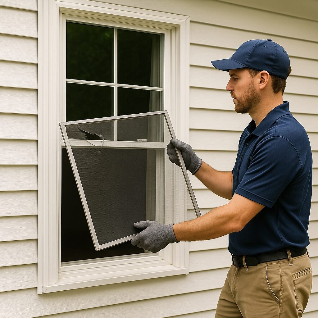 Technician removing a damaged window screen from a home.